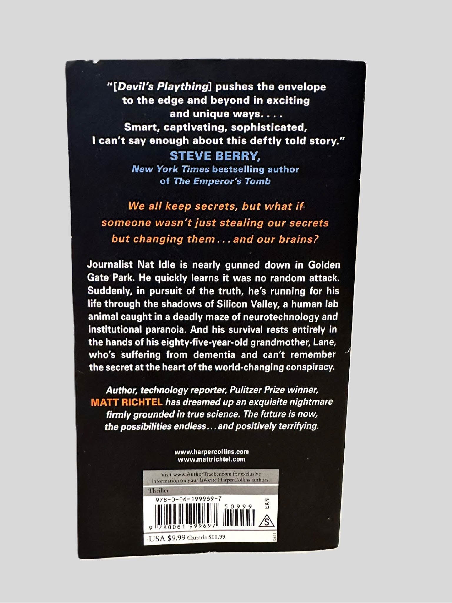 Back cover view of Devil's Plaything by Matt Richtel centered on a neutral light gray background. 