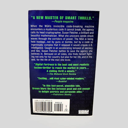 Back cover view of Digital Fortress by Dan Brown centered on a neutral light gray background. 