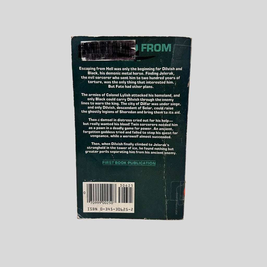 Back cover view of Dilvish, the Damned by Roger Zelazny centered on a neutral light gray background. Chipping around the edges and the left side corners from wear. Creasing near the spine edge. Library barcode sticker in the top left corner, colored over with black ink. 