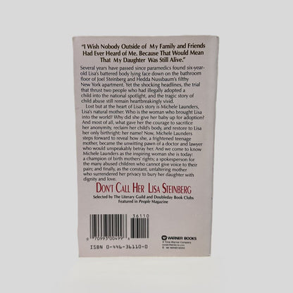 Back cover view of Don't Call Her Lisa Steinberg by Michele Launders & Panina Spiegel centered on a neutral light gray background. 