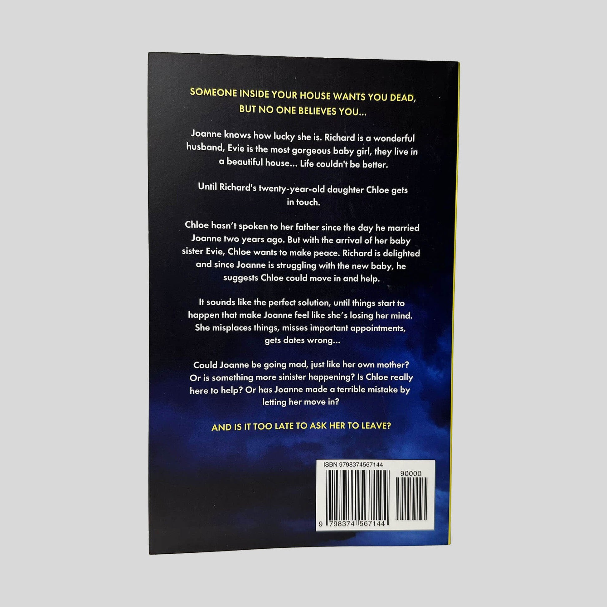 Back cover view of Don't Let Her Stay by Nicola Sanders centered on a neutral light gray background. The back cover is in like new condition.