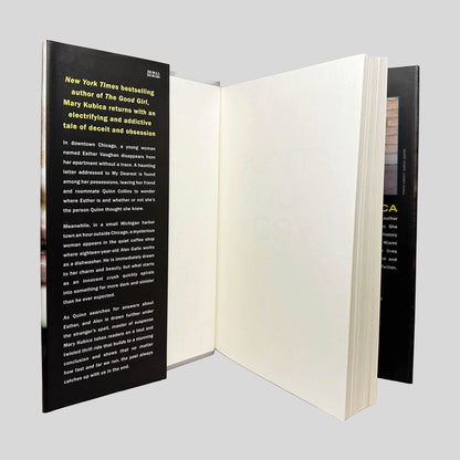 Inside front cover view of Don't You Cry by Mary Kubica centered on a neutral light gray background. Dust jacket present and is pristine. Pages are tight and crisp.