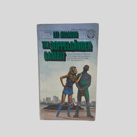 Front cover view of Doppelganger Gambit by Lee Killough centered on a neutral light gray background. Creasing on the top right corner.