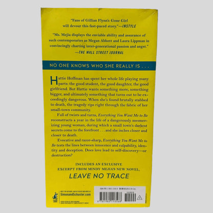 Back cover view of Everything You Want Me To Be by Mindy Mejia centered on a neutral light gray background. Crease in the top right corner near the spine.