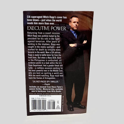 Back cover view of Executive Power by Vince Flynn centered on a neutral light gray background. 