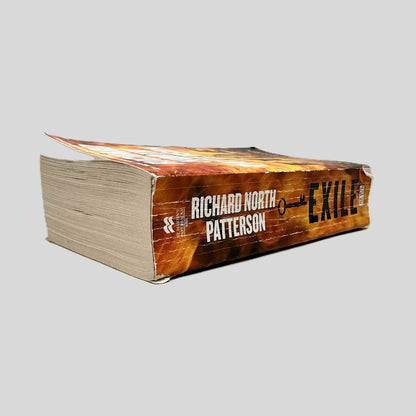 Close-up spine view of Exile by Richard North Patterson centered on a neutral light gray background. Spine shows creasing. Chipping to the top and bottom spine. Pages lay flat.