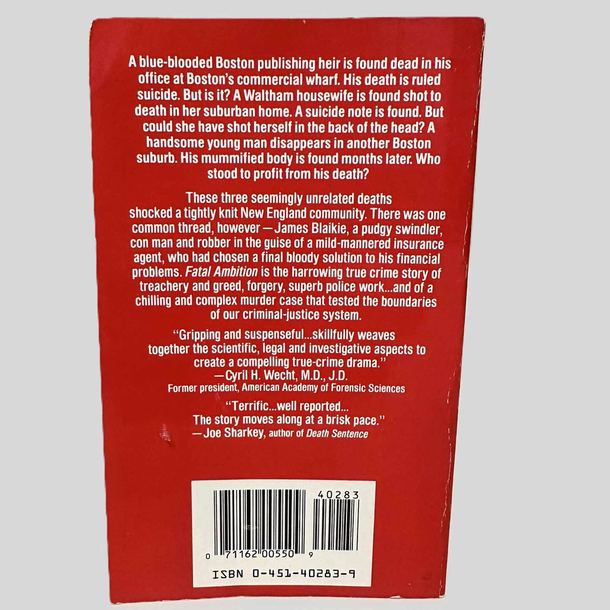 Back cover view of Fatal Ambition by William Sonzski centered on a neutral light gray background. 
