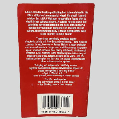 Back cover view of Fatal Ambition by William Sonzski centered on a neutral light gray background. 