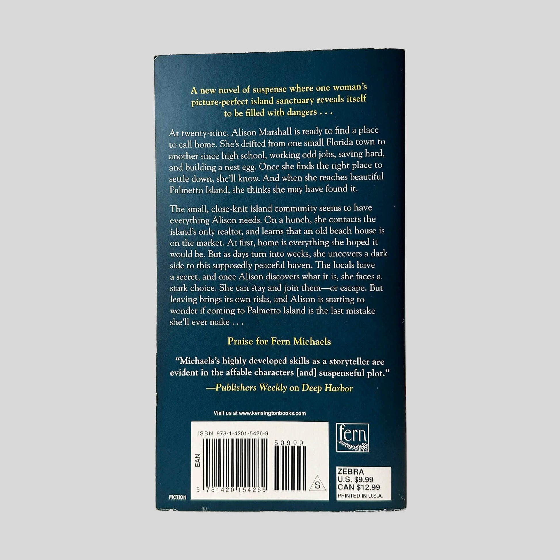 Back cover view of Fear Thy Neighbor by Fern Michaels centered on a neutral light gray background. 
