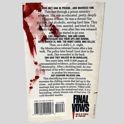 Back cover view of Final Vows by Karen Kingsbury centered on a neutral light gray background.