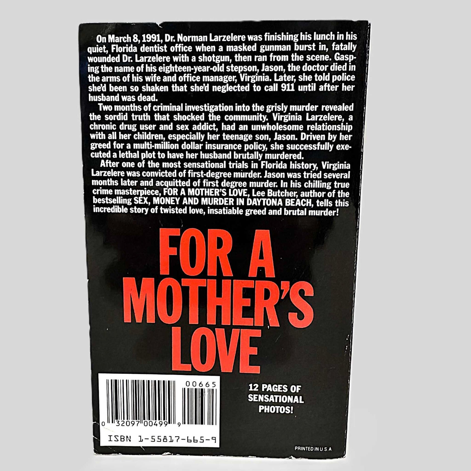 Back cover view of For a Mother's Love by Lee Butcher centered on a neutral light gray background. 