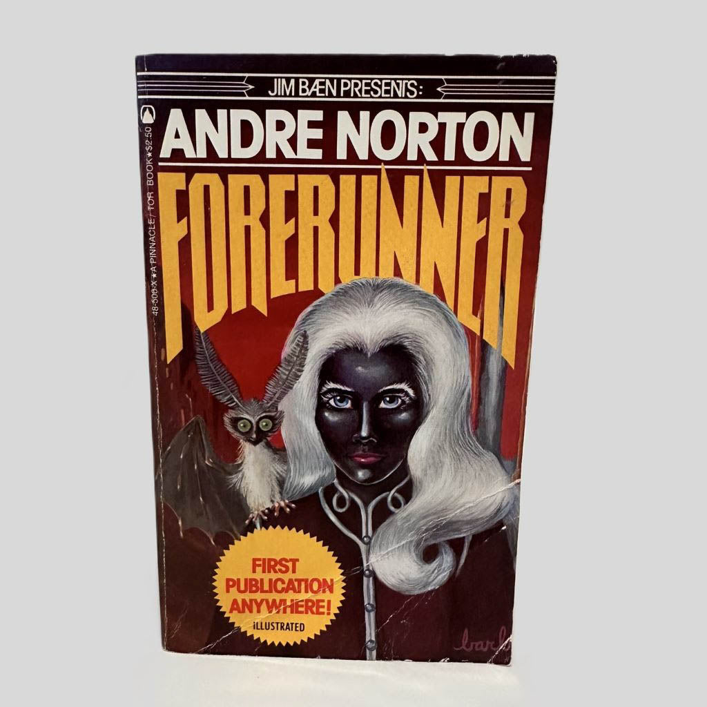 Front cover view of Forerunner by Andre Norton centered on a neutral light gray background. Creasing on the bottom right corner and near the spine. Covor art is vibrant.