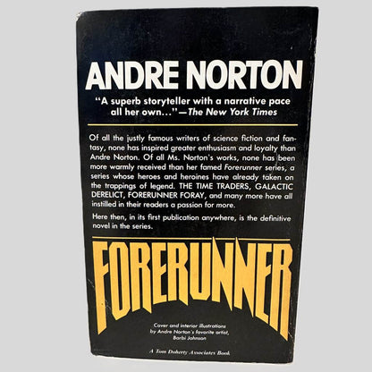 Back cover view of Forerunner by Andre Norton centered on a neutral light gray background. Creasing near the spin edge. Chipping at the corners.