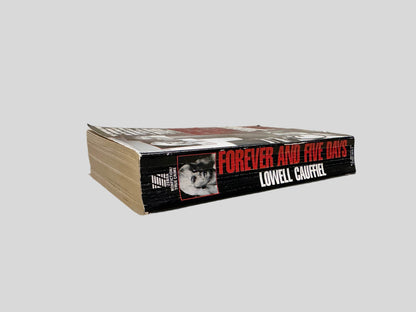 Close-up spine view of Forever and Five Days by Lowell Cauffiel centered on a neutral light gray background. Spine shows creasing.