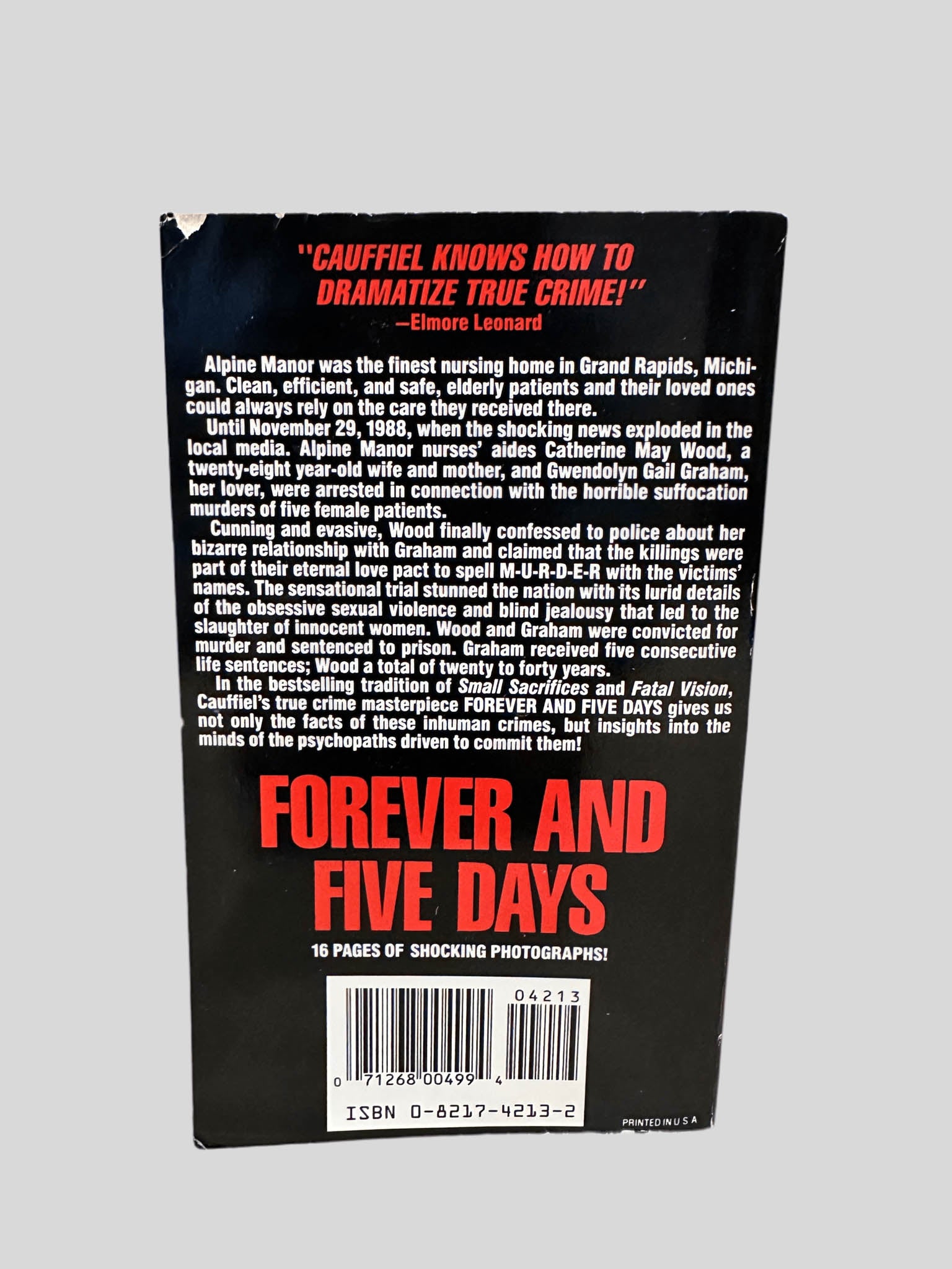 Back cover view of Forever and Five Days by Lowell Cauffiel centered on a neutral light gray background. 