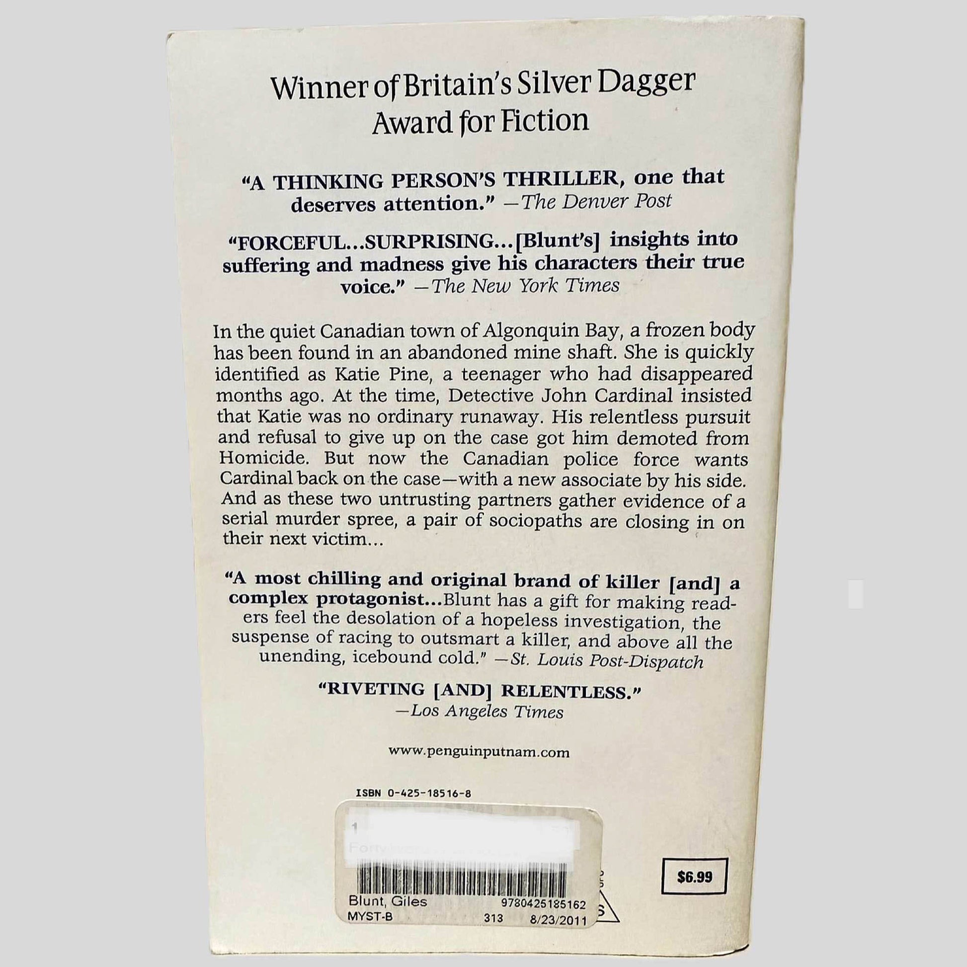 Back cover view of Forty Words for Sorrow by Giles Blunt centered on a neutral light gray background. 