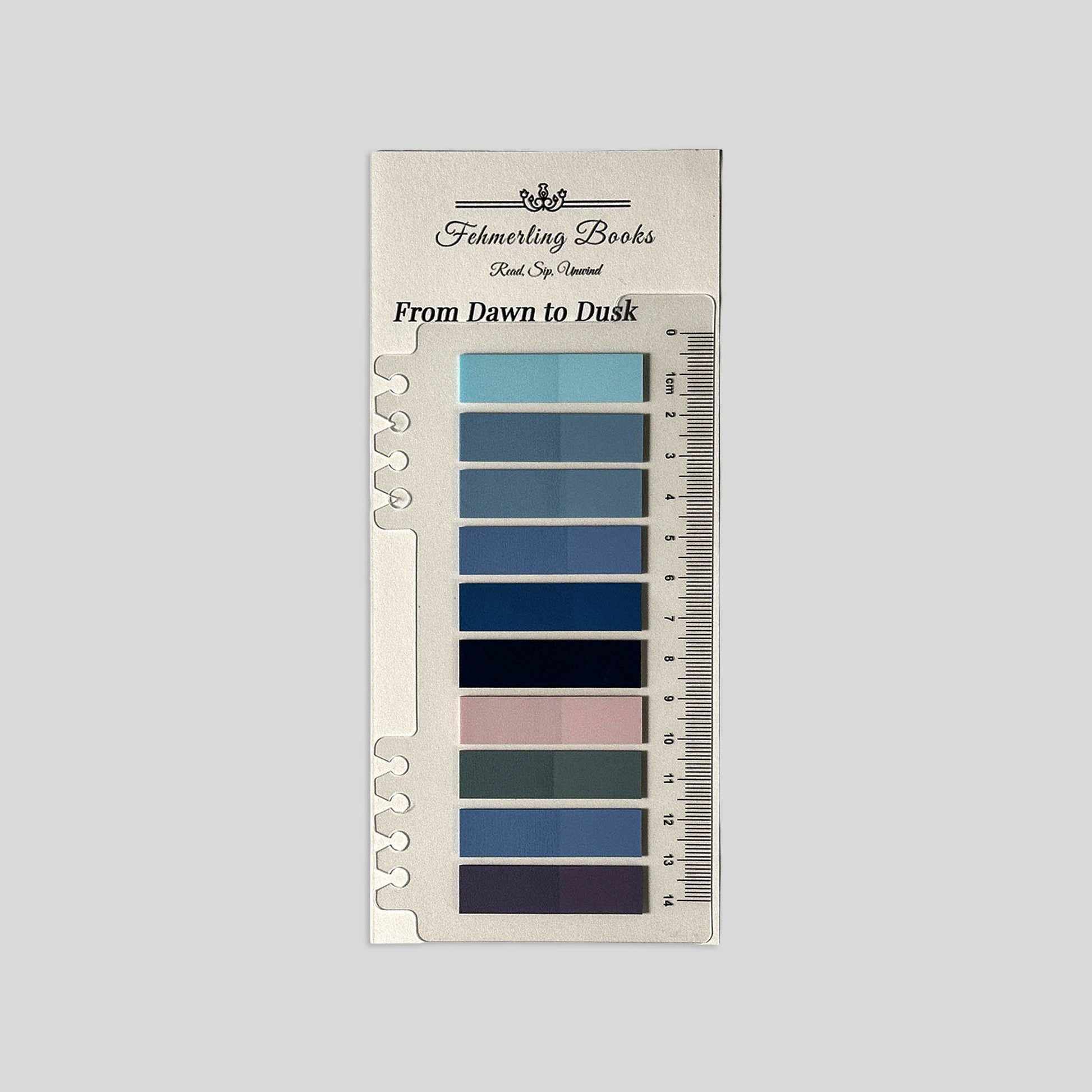 Fehmerling Books "From Dawn to Dusk" book journaling tabs featuring sky blue, muted rose, and midnight navy notes on a notched ruler card.