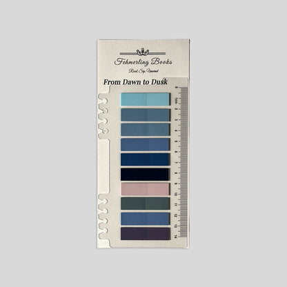 Fehmerling Books "From Dawn to Dusk" book journaling tabs featuring sky blue, muted rose, and midnight navy notes on a notched ruler card.