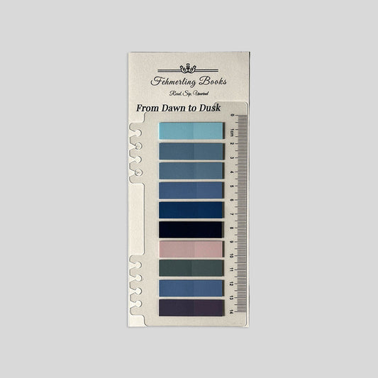 Fehmerling Books "From Dawn to Dusk" book journaling tabs featuring sky blue, muted rose, and midnight navy notes on a notched ruler card.