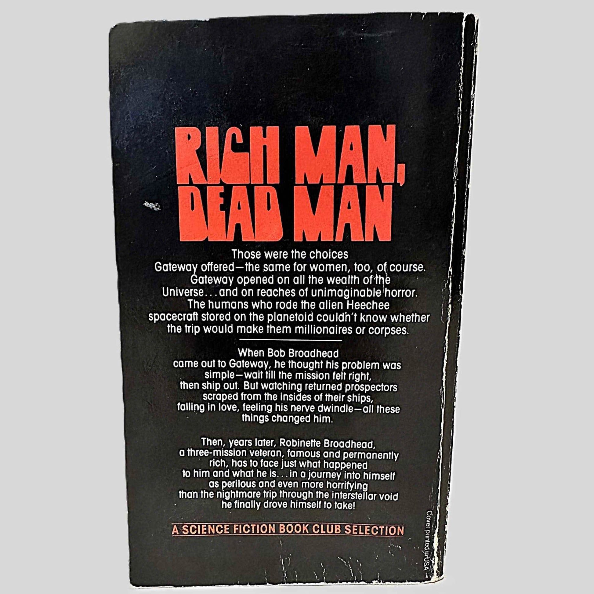 Back cover view of Gateway by Frederik Pohl centered on a neutral light gray background. Creasing and chipping present near the spine and around the edges.