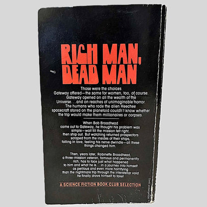 Back cover view of Gateway by Frederik Pohl centered on a neutral light gray background. Creasing and chipping present near the spine and around the edges.