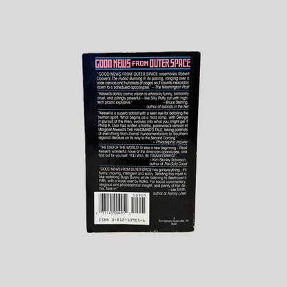 Back cover view of Good News from Outer Space by John Kessel centered on a neutral light gray background. Chipping along the bottom edge.