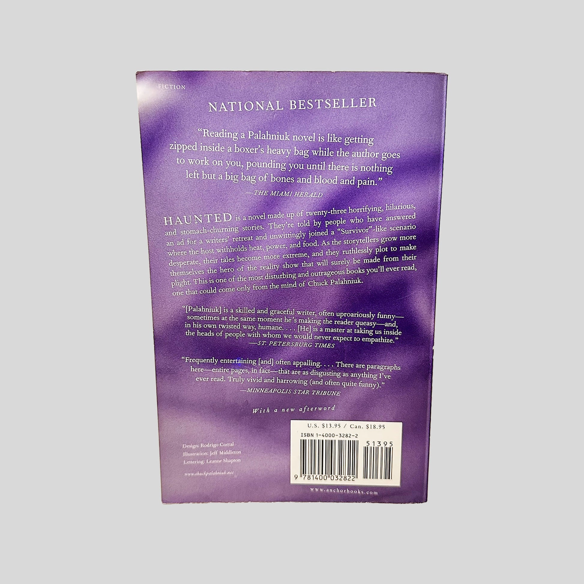Back cover view of Haunted by Chuck Palahniuk centered on a neutral light gray background. 