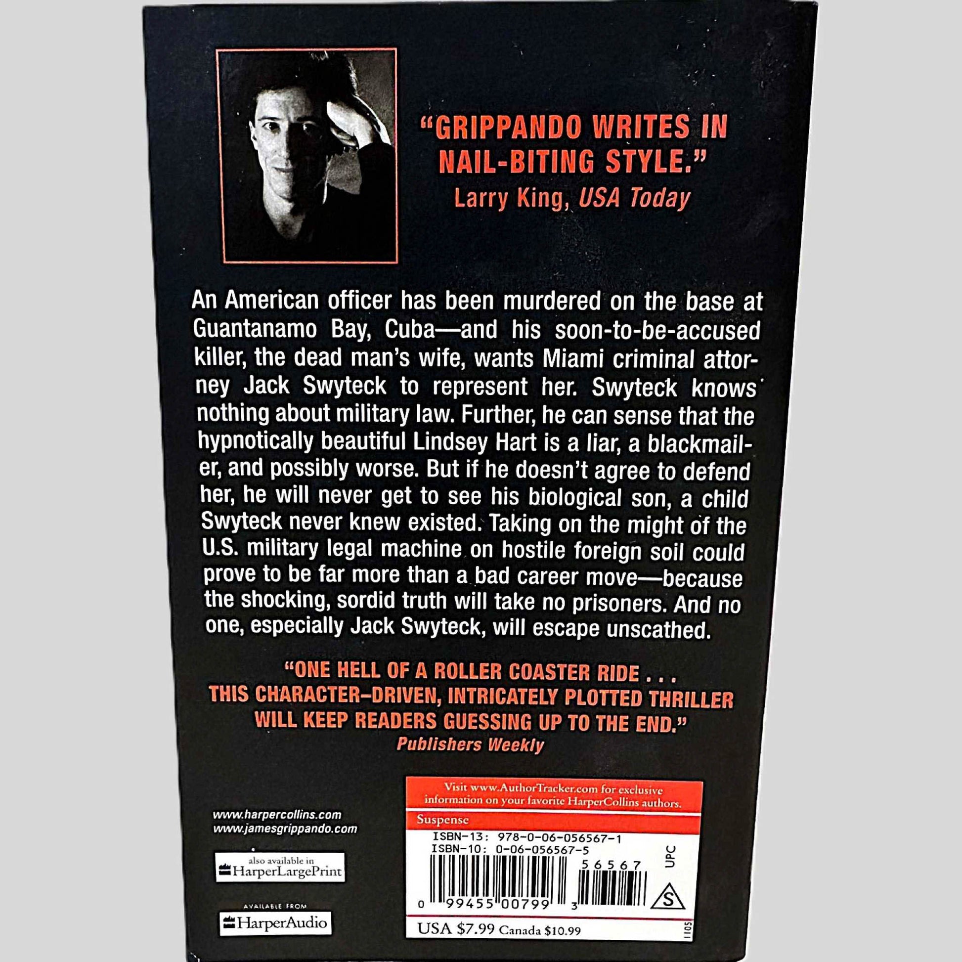 Back cover view of Hear No Evil by James Grippando centered on a neutral light gray background. 