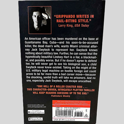 Back cover view of Hear No Evil by James Grippando centered on a neutral light gray background. 