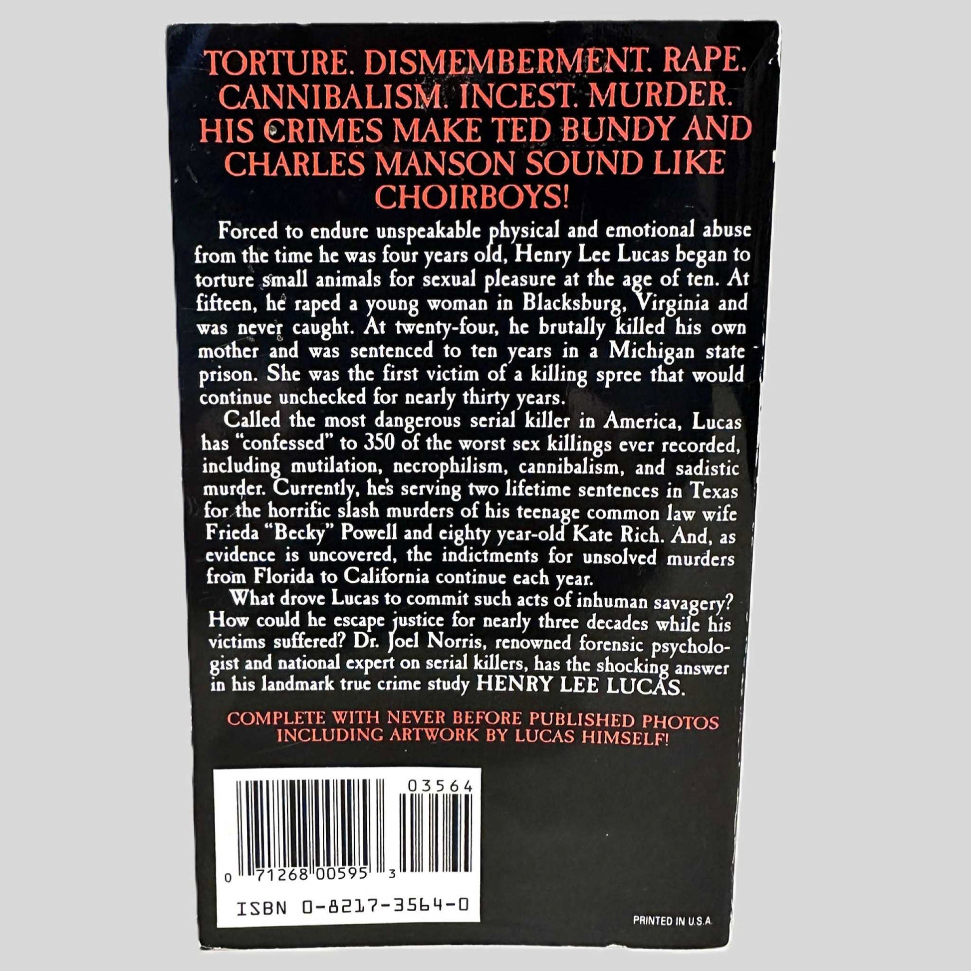 Back cover view of Henry Lee Lucas by Dr. Joel Norris centered on a neutral light gray background.