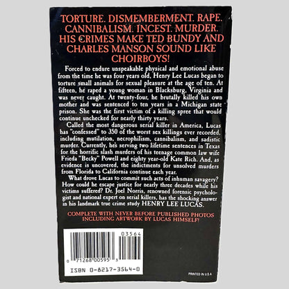 Back cover view of Henry Lee Lucas by Dr. Joel Norris centered on a neutral light gray background.