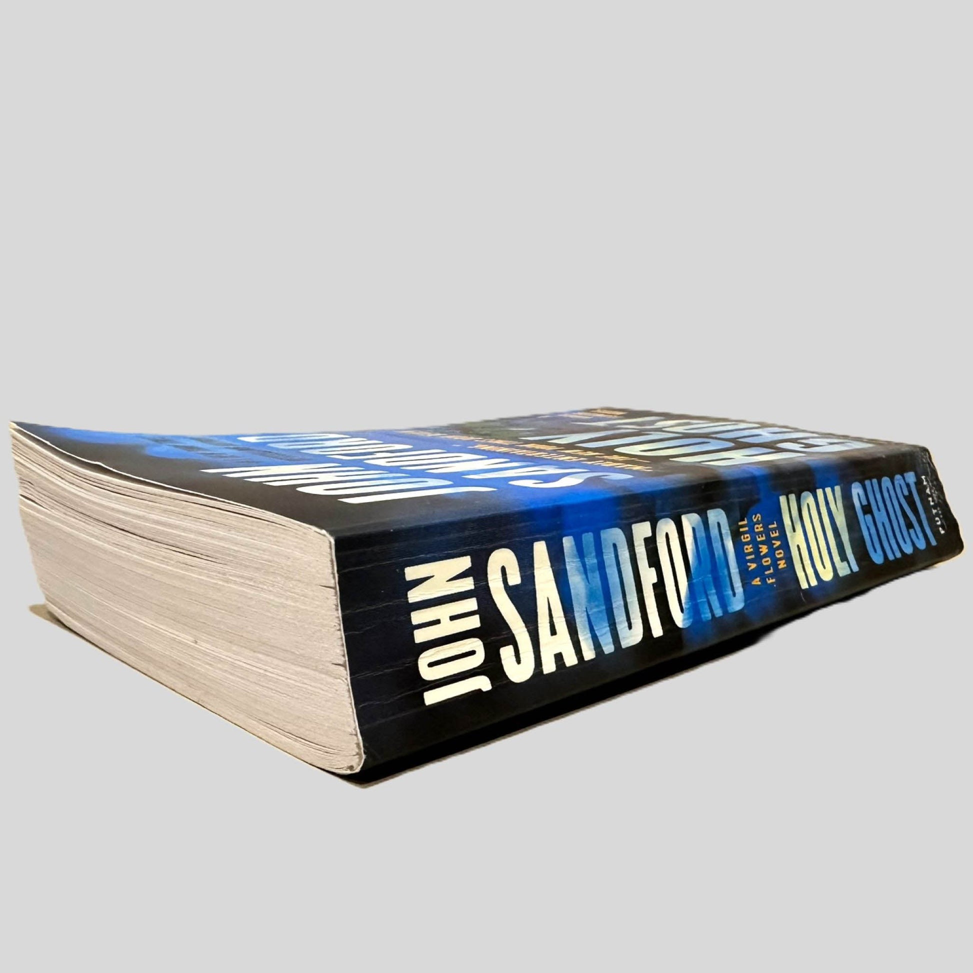 Close-up spine view of Holy Ghost by John Sandford centered on a neutral light gray background. Spine shows creasing. Pages and cover lay flat.