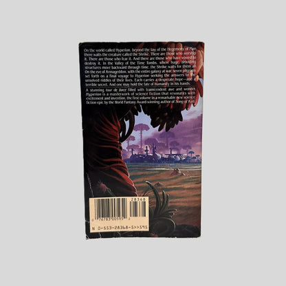 Back cover view of Hyperion by Dan Simmons centered on a neutral light gray background. 