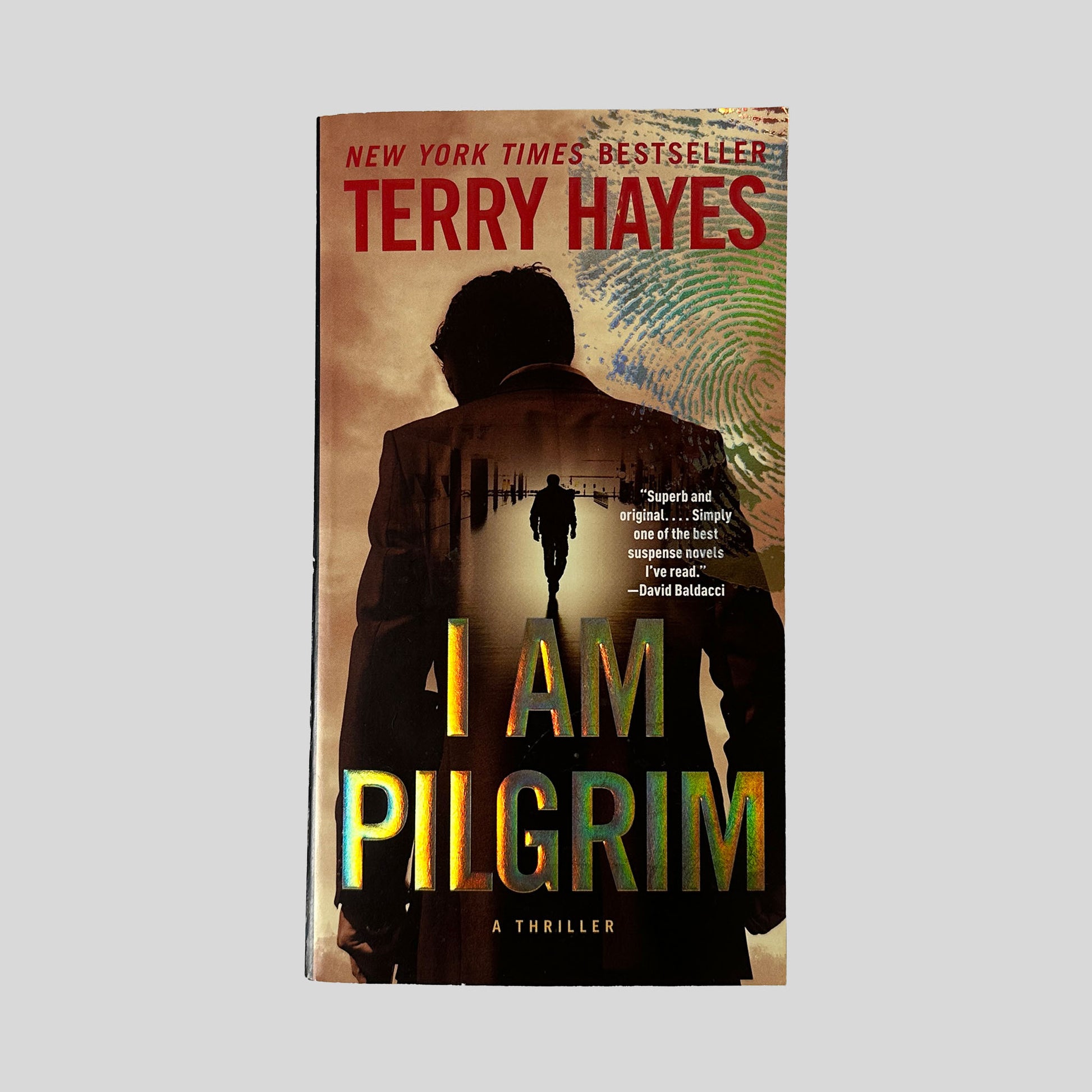 The front cover of the paperback I Am Pilgrim by Terry Hayes, featuring a dark silhouette of a man walking into a bright tunnel with iridescent, holographic title text.