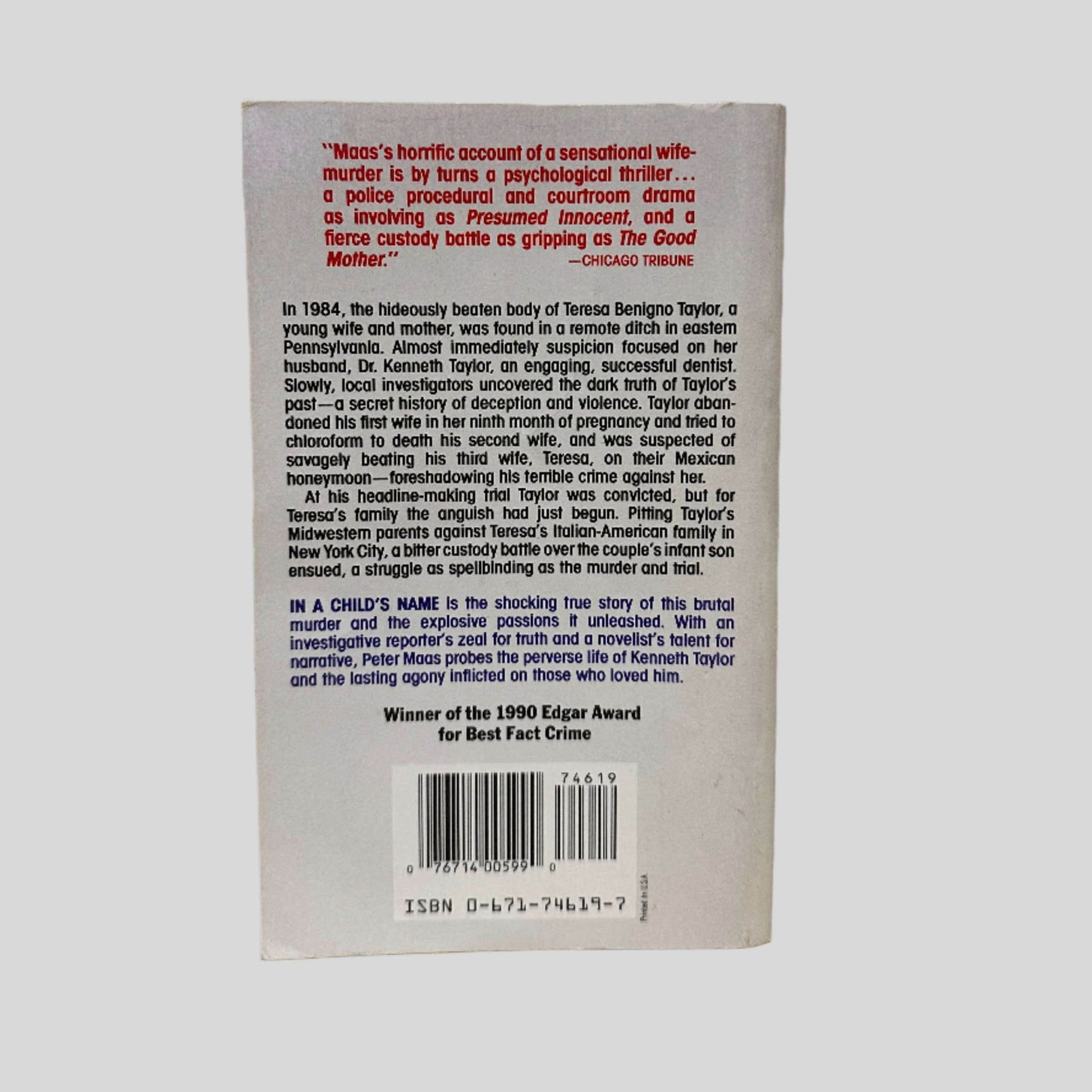 Back cover view of In A Child's Name by Peter Maas centered on a neutral light gray background. 