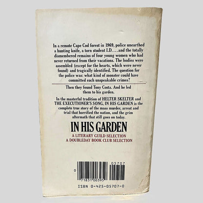 Back cover view of In His Garden by Leo Damore centered on a neutral light gray background. "A Doubleday Book Club Selection" is in a front below the synopsis.