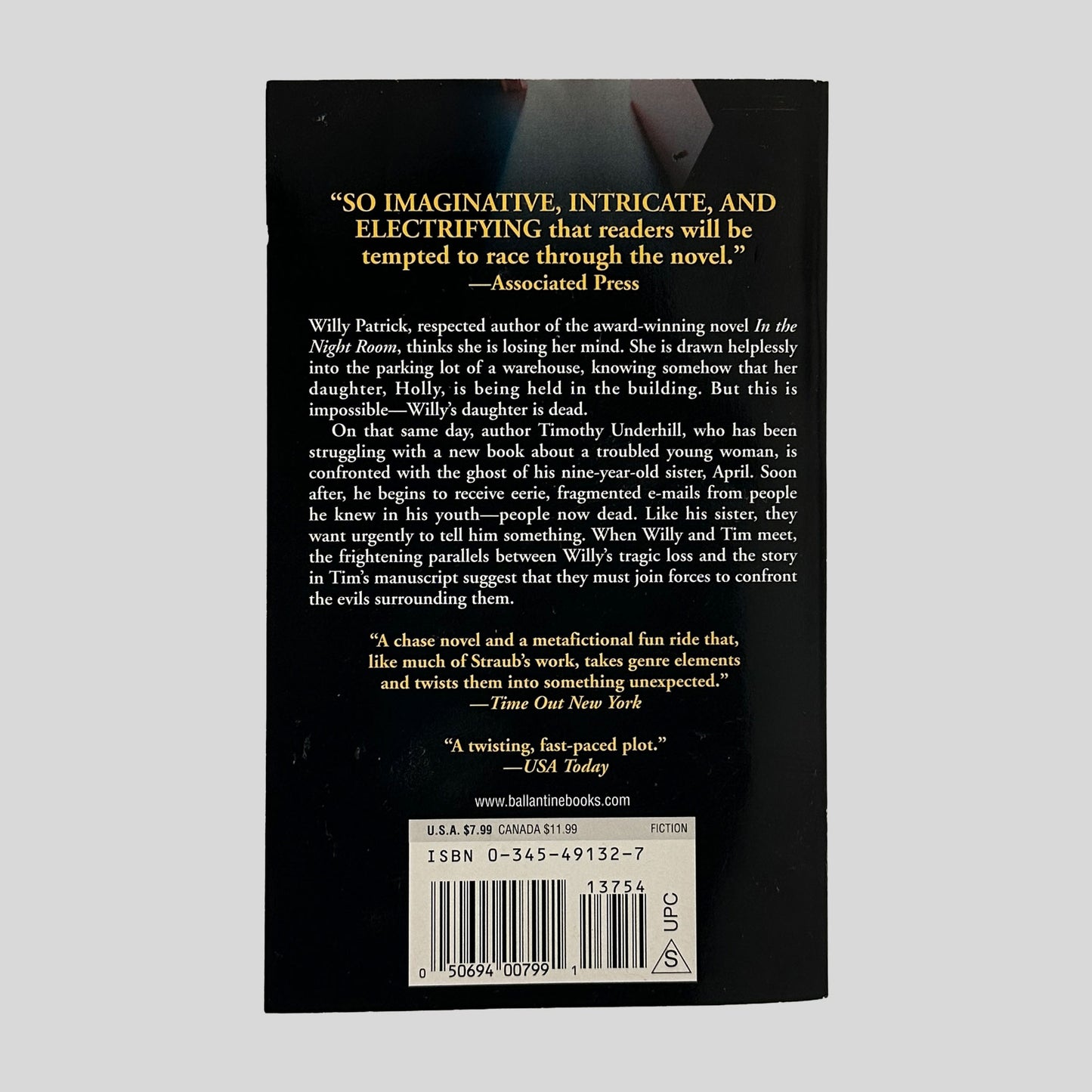 The black back cover of In the Night Room, displaying a detailed plot summary and critical praise from the Associated Press and USA Today in gold and white text.