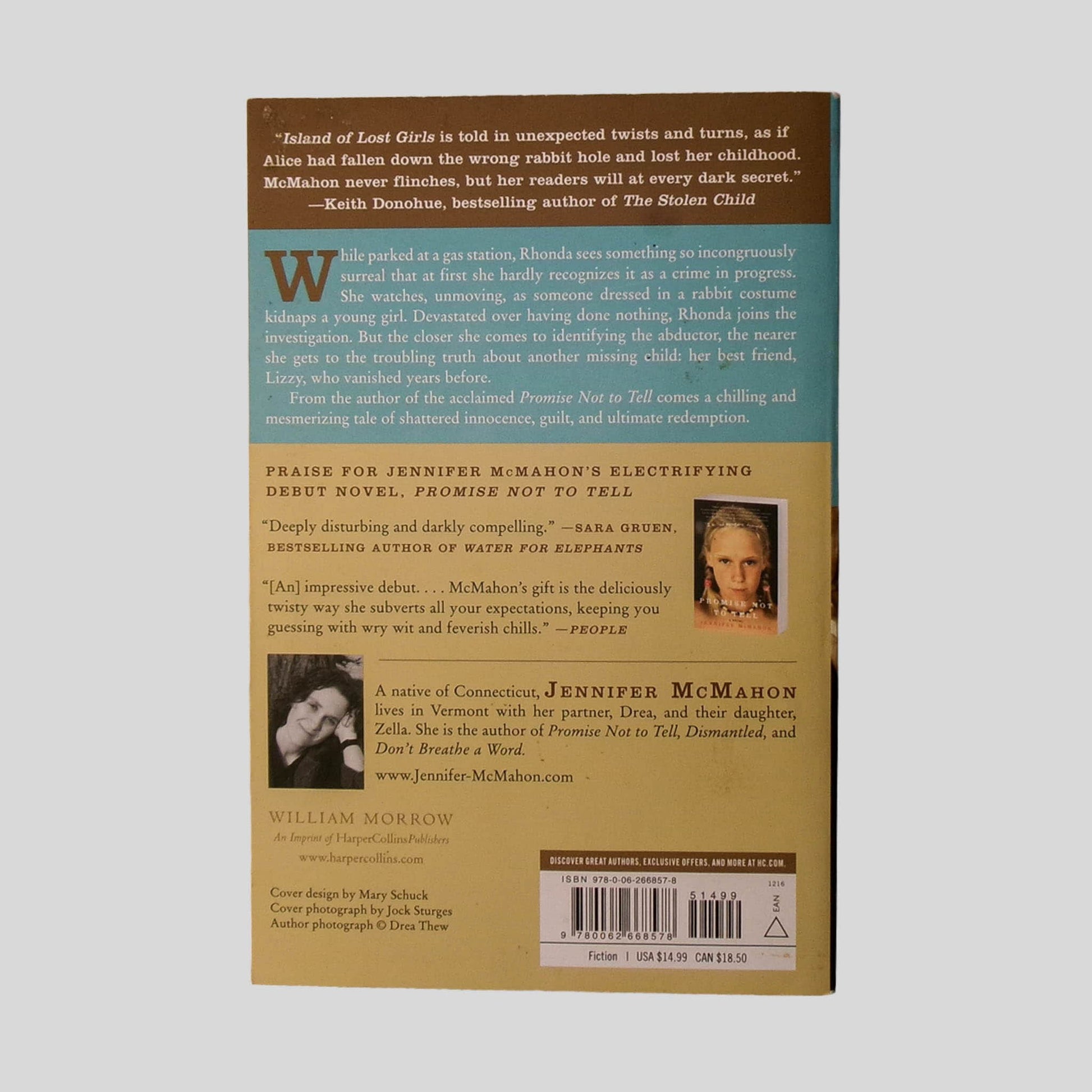 Back cover view of Island of Lost Girls by Jennifer McMahon centered on a neutral light gray background. 