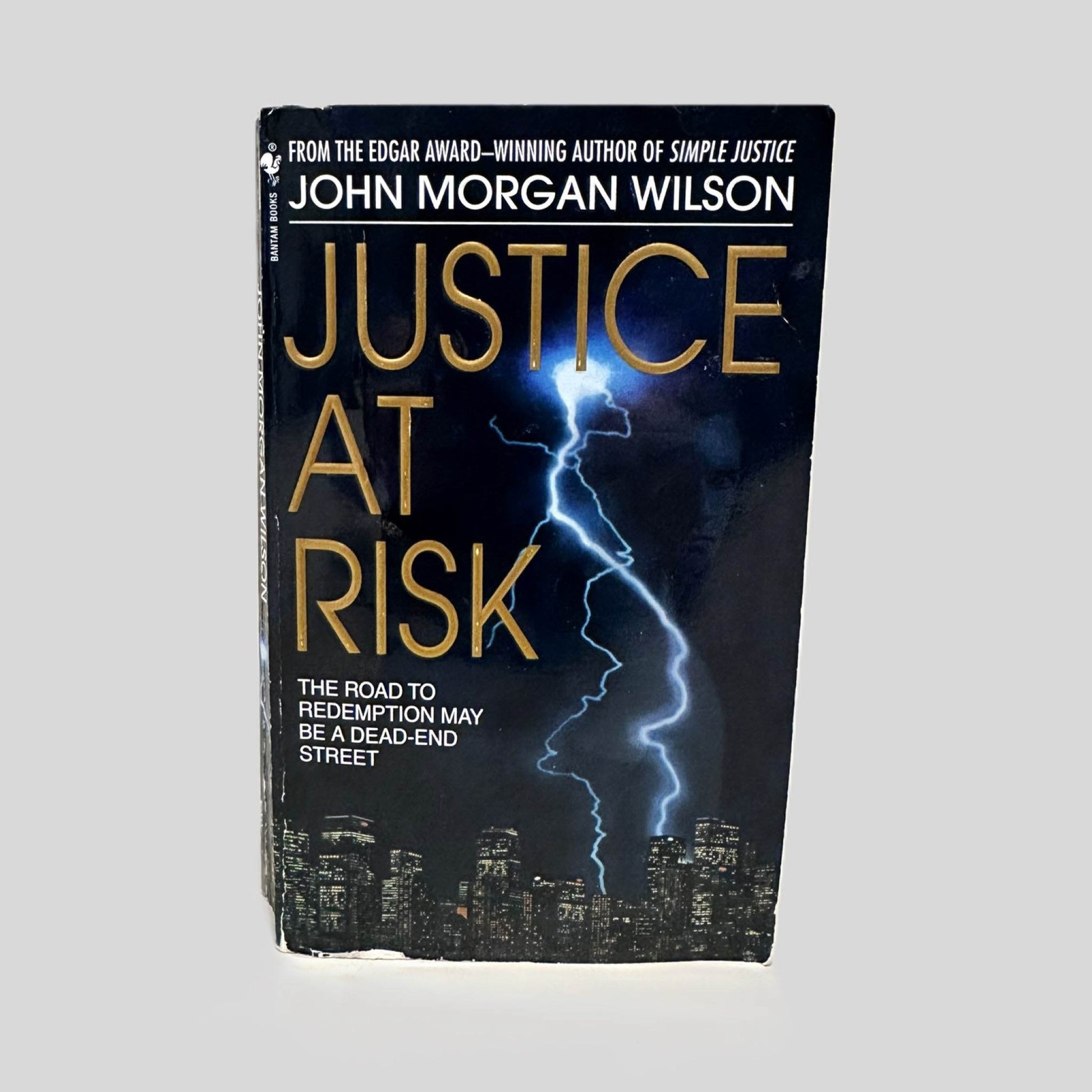 Front cover view of Justice at Risk by John Morgan Wilson centered on a neutral light gray background. Chipping is present along the bottom edge.