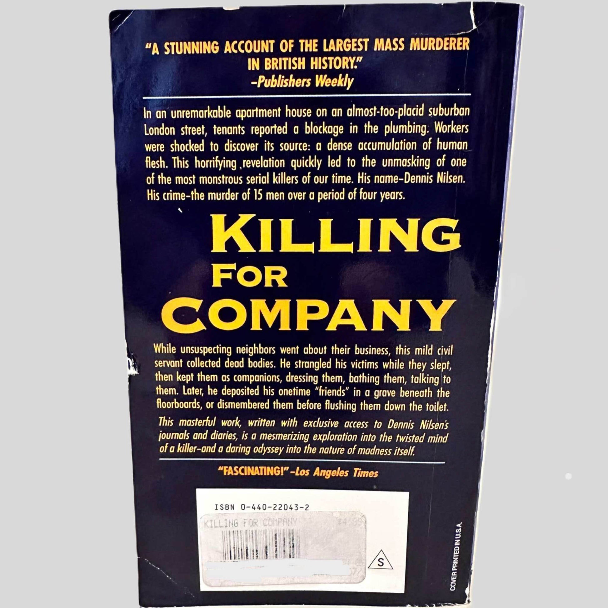 Back cover view of Killing for Company by Brian Masters centered on a neutral light gray background. Cover has a small tear at the top.