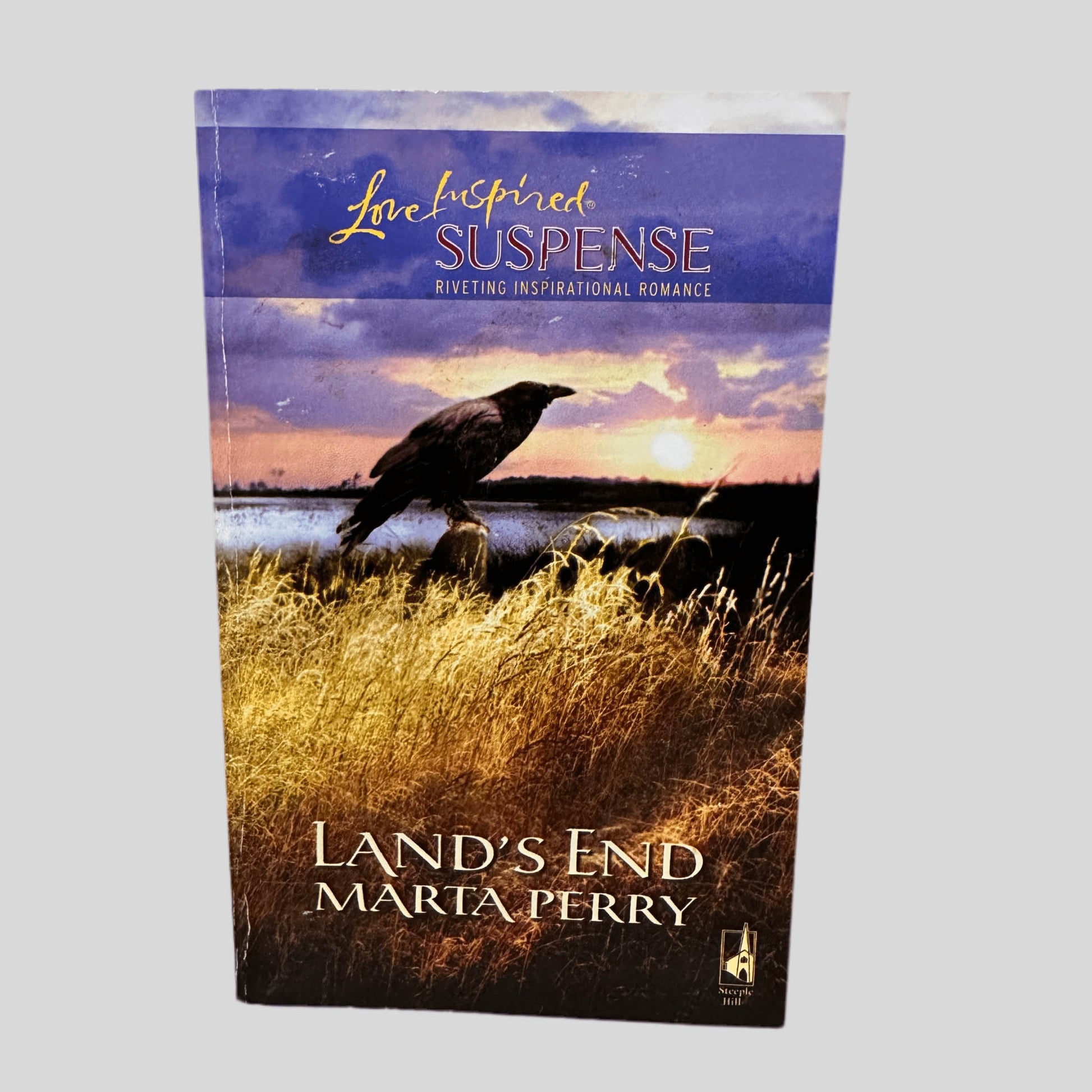 Front cover view of Land's End by Marta Perry centered on a neutral light gray background. Creasing is present near the spine edge.