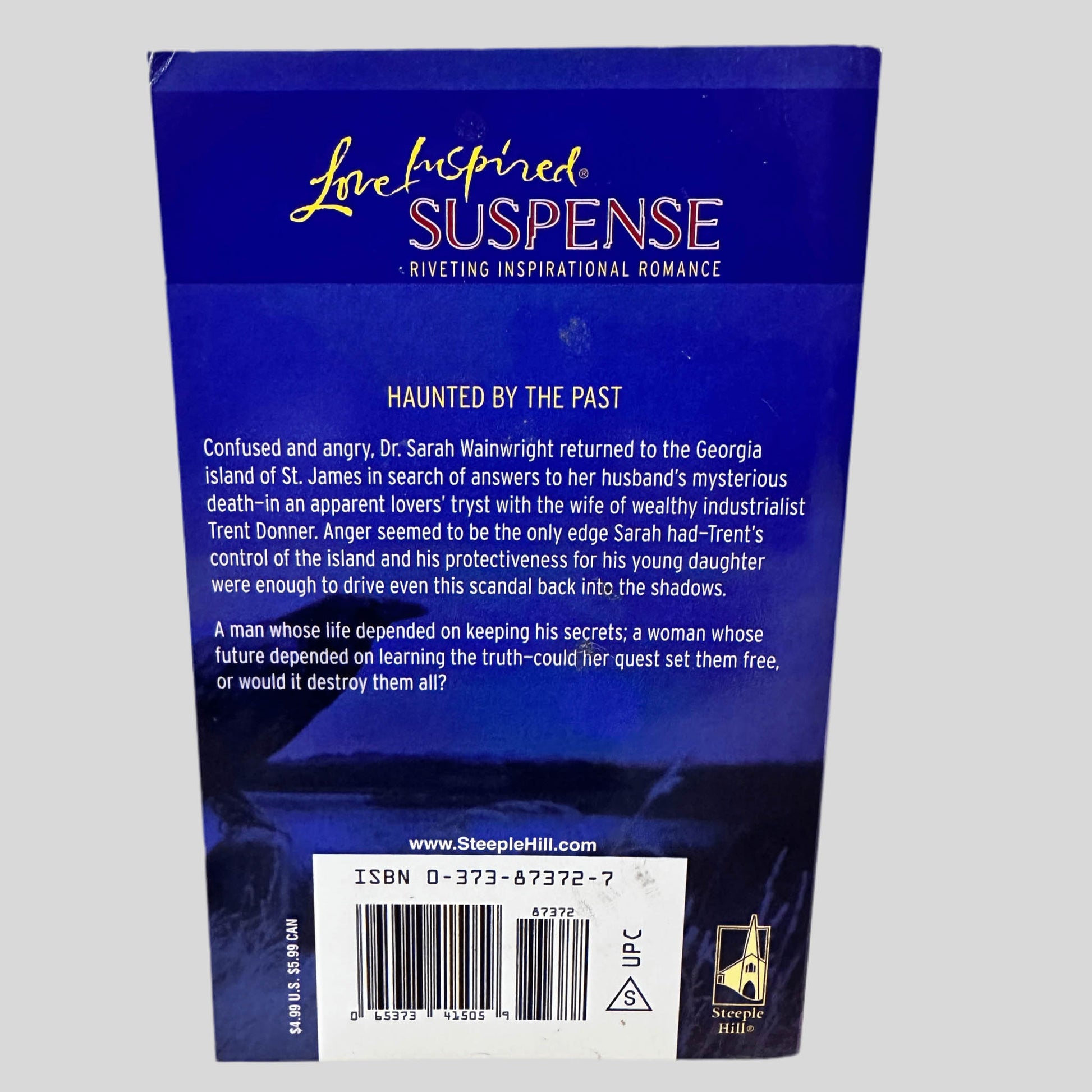 Back cover view of Land's End by Marta Perry centered on a neutral light gray background. Tip of the top left corner is creased.