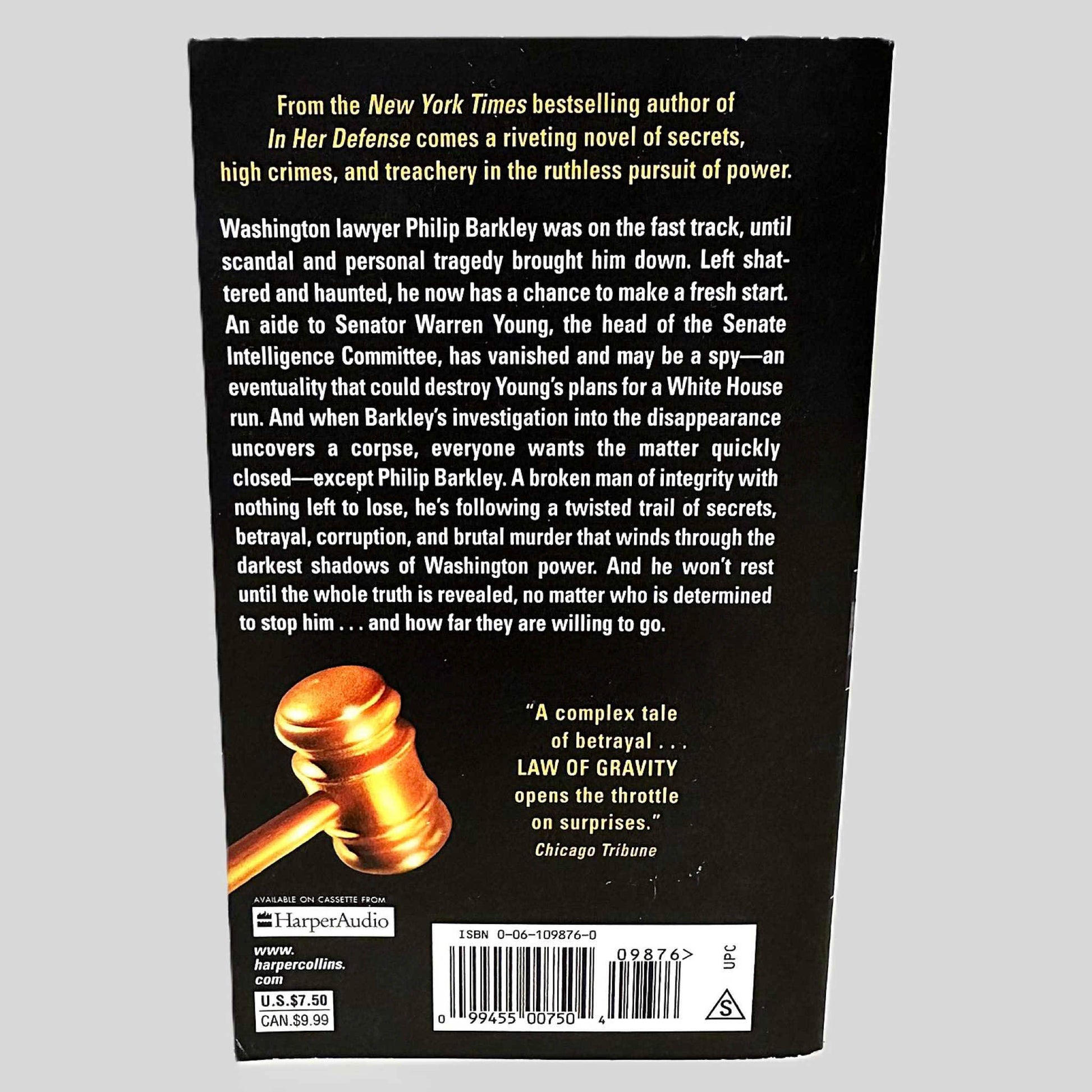 Back cover view of Law of Gravity by Stephen Horn centered on a neutral light gray background. Cover shows no signs of damage.