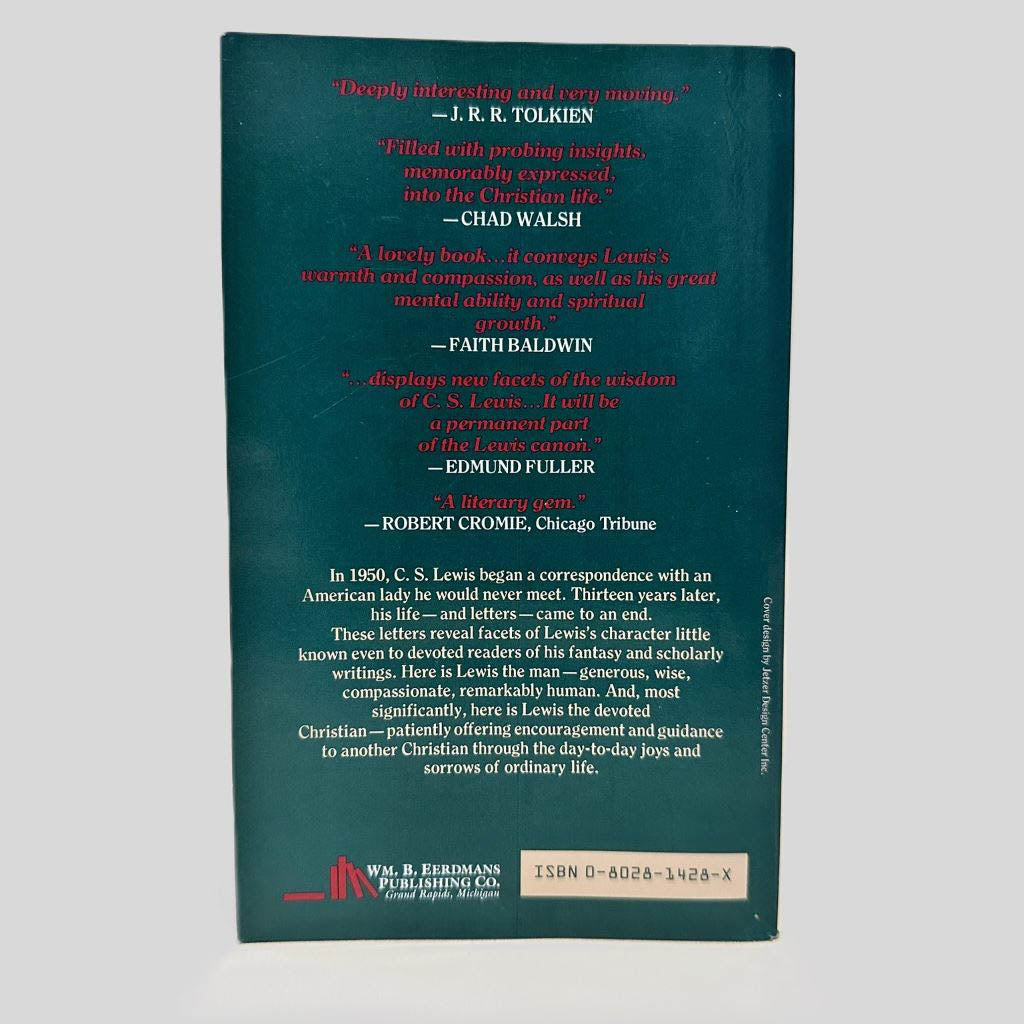 Back cover view of Letters to an American Lady by C.S. Lewis centered on a neutral light gray background. Minor chipping to bottom spine corner.