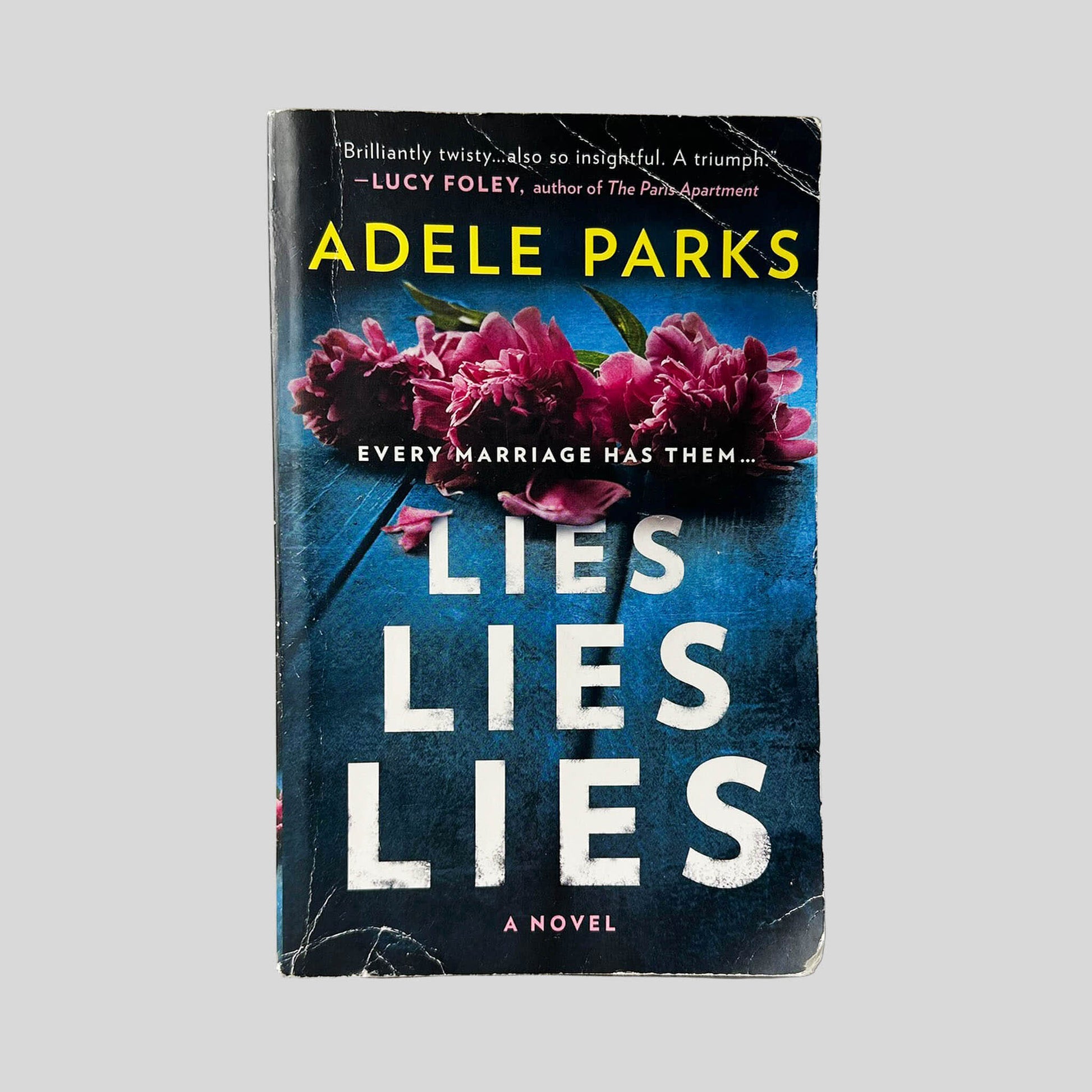 Front cover view of Lies Lies Lies by Adele Parks centered on a neutral light gray background. Creasing is present on all the corners. Chipping on the edges of the front cover.