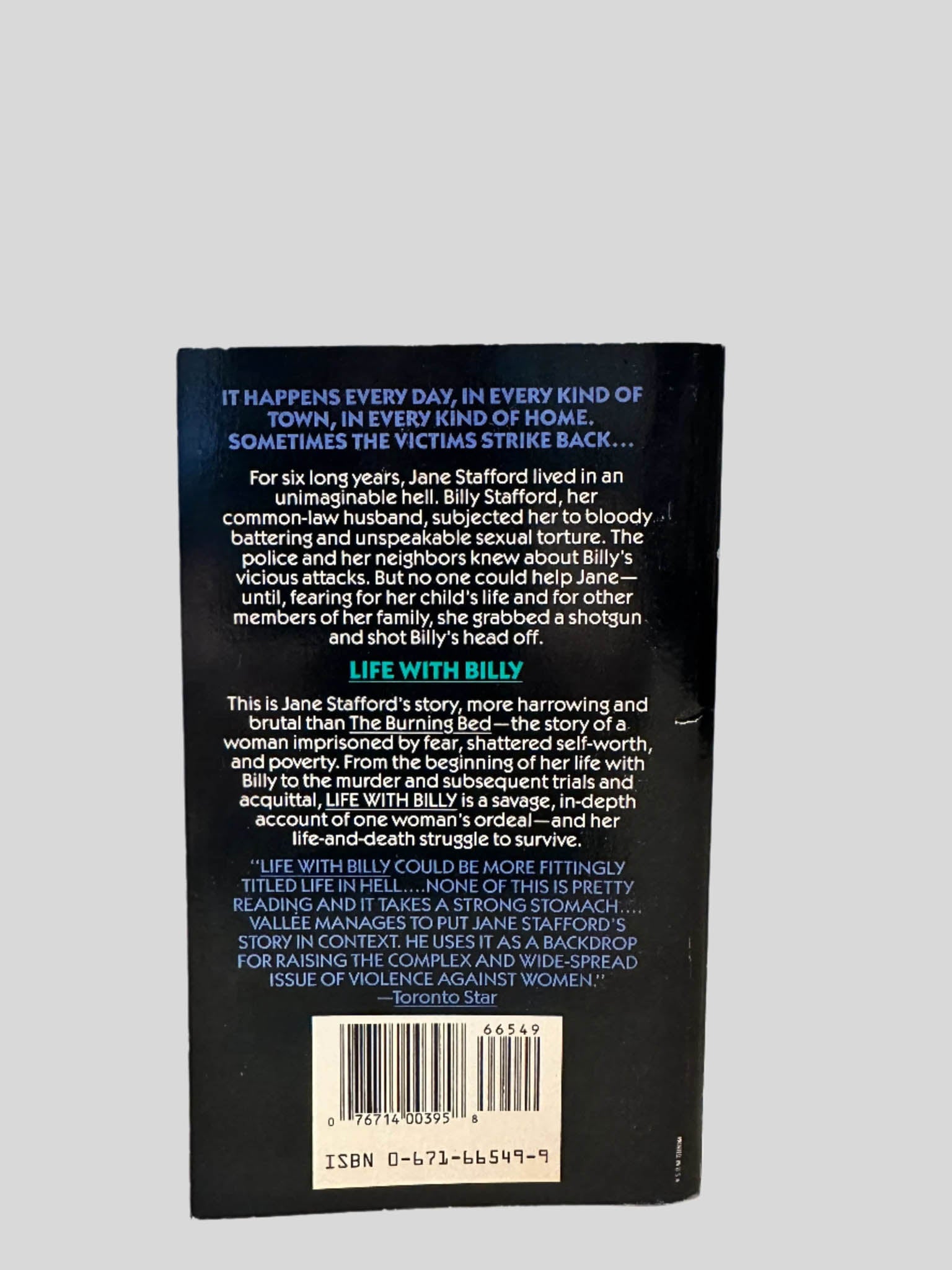 Back cover view of Life with Billy by Brian Vallee centered on a neutral light gray background. 