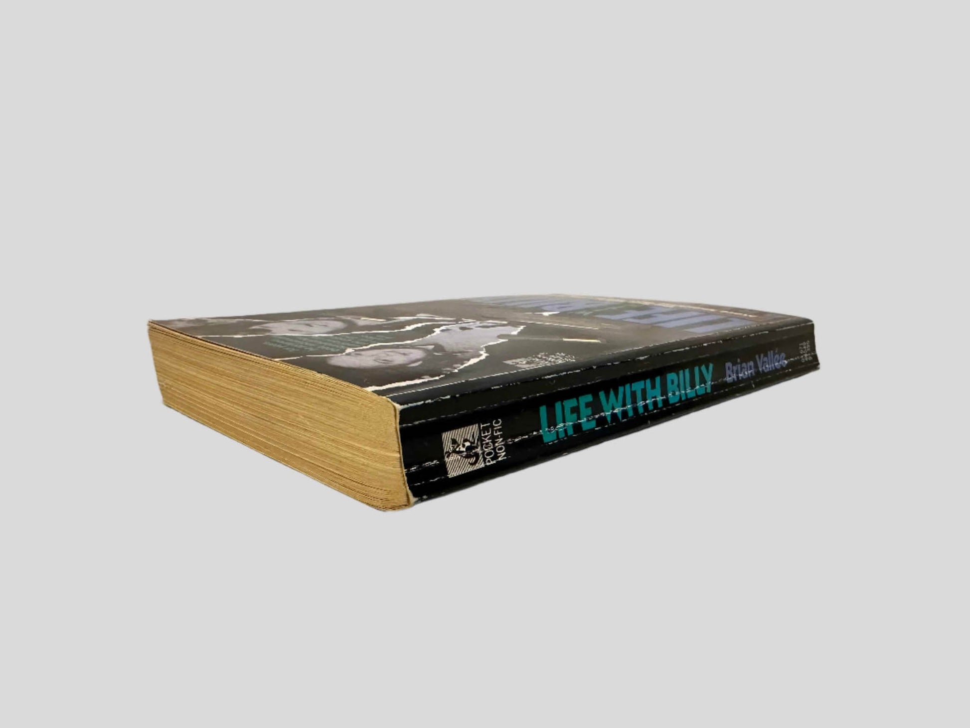 Close-up spine view of Life with Billy by Brian Vallee centered on a neutral light gray background. Spine shows creasing.
