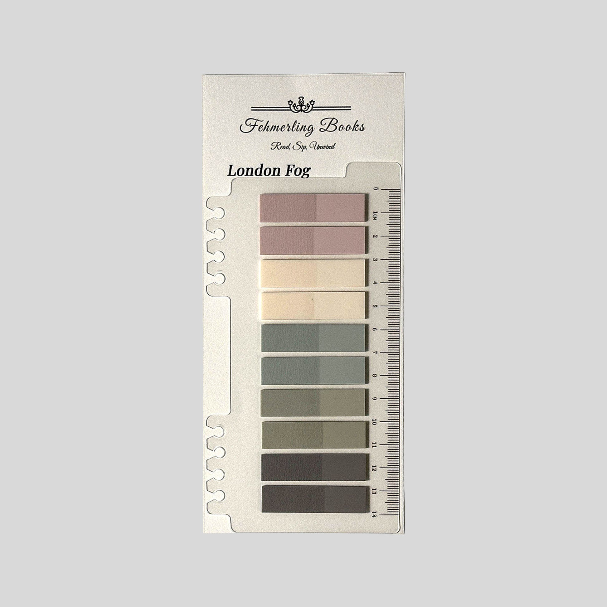 Fehmerling Books "London Fog" book journaling tabs featuring dusty rose, warm cream, olive-grey, and earthy brown notes on a ruler card.