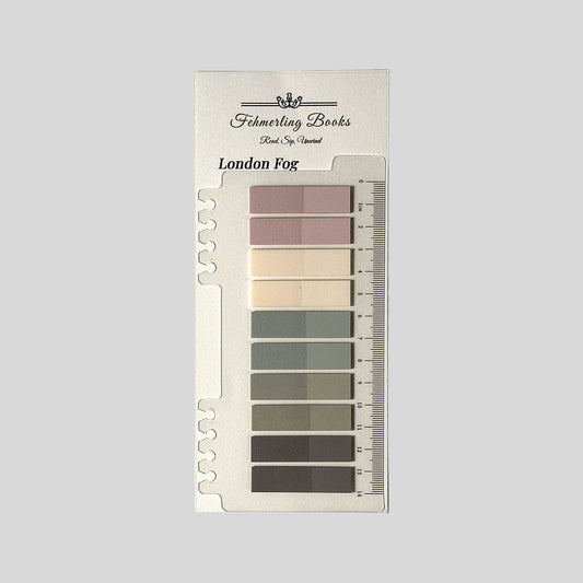 Fehmerling Books "London Fog" book journaling tabs featuring dusty rose, warm cream, olive-grey, and earthy brown notes on a ruler card.