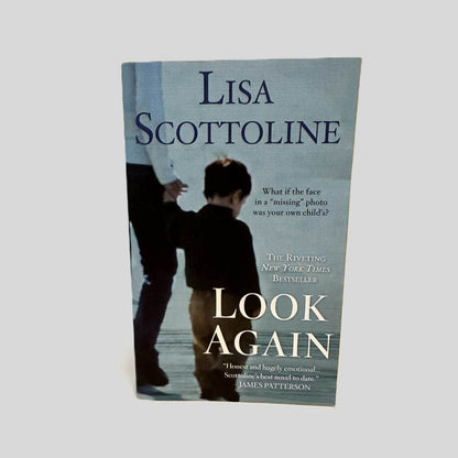 Front cover view of Look Again by Lisa Scottoline centered on a neutral light gray background. 
